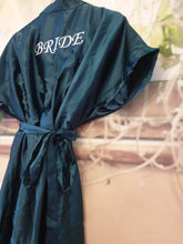 Load image into Gallery viewer, FOREST GREEN SATIN GOWNS WITH WHITE EMBROIDERY
