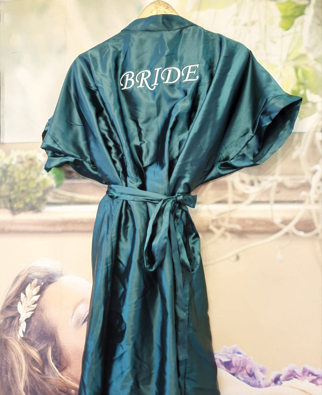 FOREST GREEN SATIN GOWNS WITH WHITE EMBROIDERY